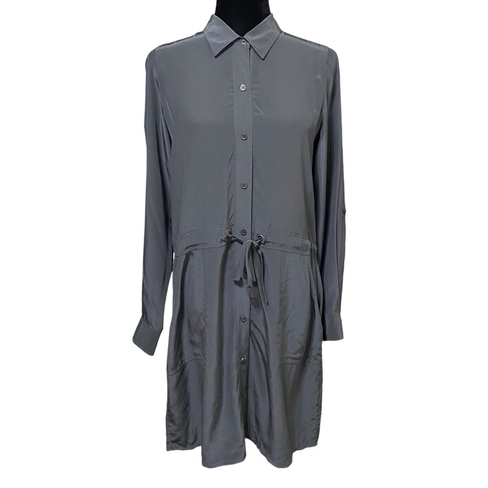 Eileen Fisher Silk Shirt Dress Gray Petite Small Drawstring Waist Minimalist